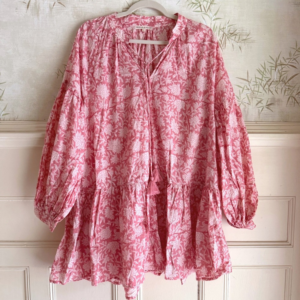 Ophelia & Indigo Pink Mini Dress M/L Block Print Floral Cotton Tiered Boho